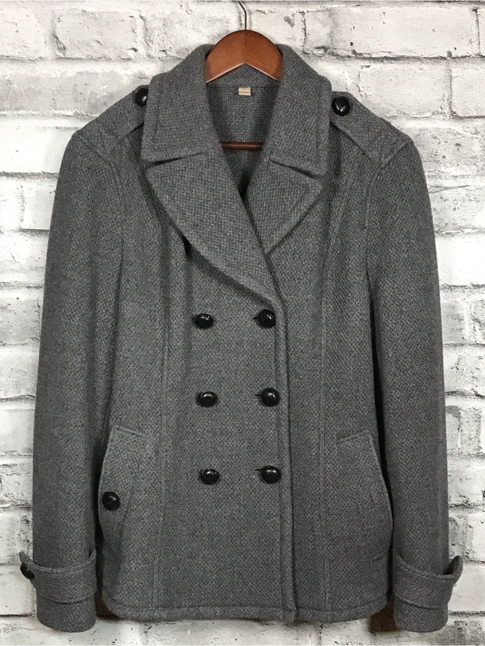 Burberry Brit Wool Knit Double Breasted Pea Jacket.